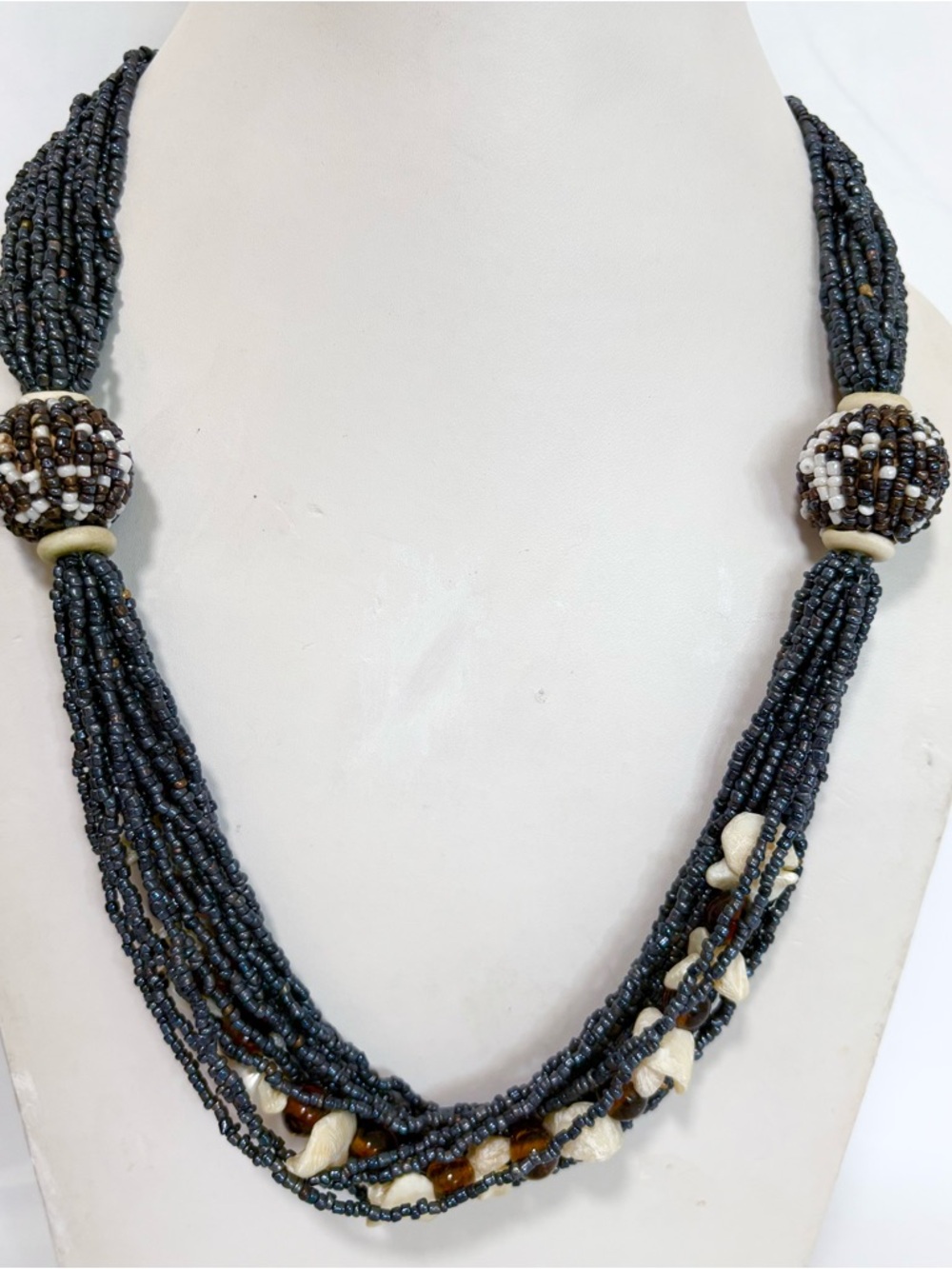Multi-Strand Grey Bead Necklace with Ivory Accents